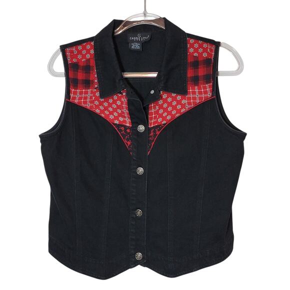 Carole Little Sport Red Black Patchwork Sleeveless Denim Button Down Vest Size L - Picture 9 of 9